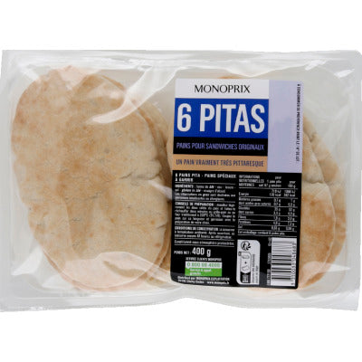 Monoprix 6 Pains Pita 400G Monoprix 6 Pains Pita 400G