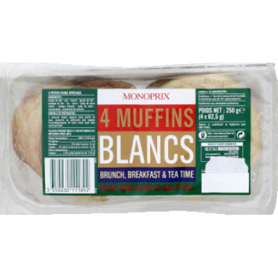 Monoprix 4 Muffins Blancs Recette Anglaise 250G Monoprix 4 Muffins Blancs Recette Anglaise 250G