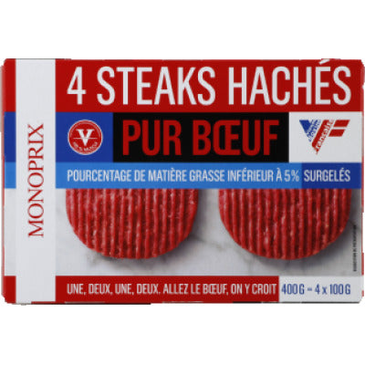 Monoprix 4 Steaks Hachés 5% Matière Grasse 400G Monoprix 4 Steaks Hachés 5% Matière Grasse 400G