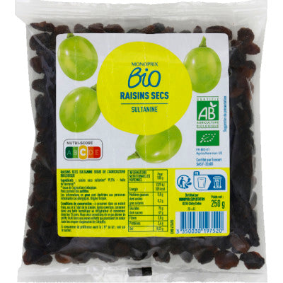 Monoprix Bio Raisins Secs Sachet de 250g Monoprix Bio Raisins Secs Sachet de 250g