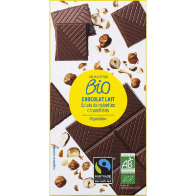 Monoprix Bio Chocolat au lait et éclats de noisettes caramélisées 100g Monoprix Bio Chocolat au lait et éclats de noisettes caramélisées 100g