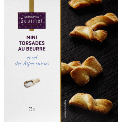 Monoprix Gourmet Mini torsades au beurre et sel des Alpes suisses 75g Monoprix Gourmet Mini torsades au beurre et sel des Alpes suisses 75g