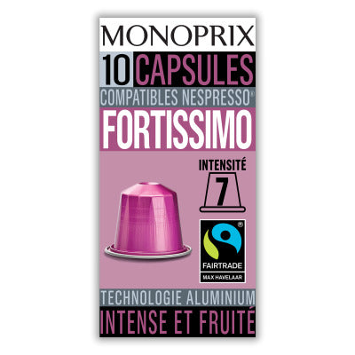 Monoprix Capsules de café Fortissimo, intense & fruité 10 capsules 50g Monoprix Capsules de café Fortissimo, intense & fruité 10 capsules 50g