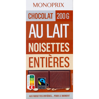 Monoprix Chocolat au Lait aux Noisettes Entières 200g Monoprix Chocolat au Lait aux Noisettes Entières 200g