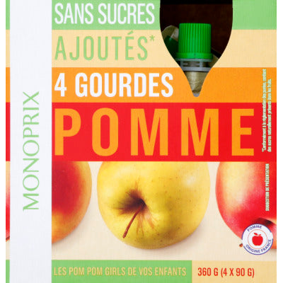 Monoprix Gourdes de compotes de pomme sans sucres ajoutés* 4x90g Monoprix Gourdes de compotes de pomme sans sucres ajoutés* 4x90g