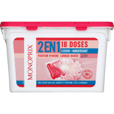Monoprix 2 in 1 Doses Laundry Detergent + Softener, Peony Scent X18 Monoprix 2 in 1 Doses Laundry Detergent + Softener, Peony Scent X18