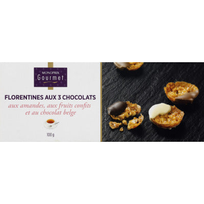 Monoprix Gourmet Florentines with 3 chocolates and almonds 100g Monoprix Gourmet Florentines with 3 chocolates and almonds 100g