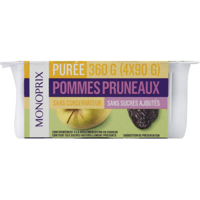 Monoprix Purée de Pommes et Pruneaux Pack Sans Sucres Ajoutés 4x90g Monoprix Purée de Pommes et Pruneaux Pack Sans Sucres Ajoutés 4x90g