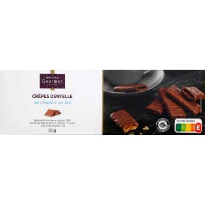 Monoprix Gourmet Crêpes dentelle au chocolat au lait 100g Monoprix Gourmet Crêpes dentelle au chocolat au lait 100g