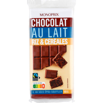 Monoprix Chocolat au lait, riz et céréales 2 x 100g Monoprix Chocolat au lait, riz et céréales 2 x 100g