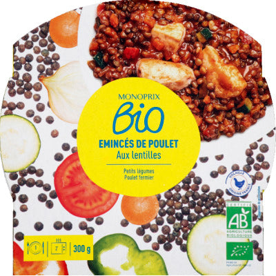 Monoprix Bio Emincés de volaille aux lentilles cuisinées 300g Monoprix Bio Emincés de volaille aux lentilles cuisinées 300g