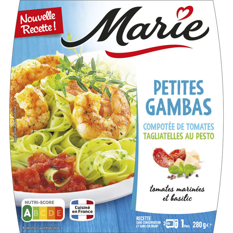 Marie Petites gambas compotée de tomates tagliatelles au pesto 280g Marie Petites gambas compotée de tomates tagliatelles au pesto 280g