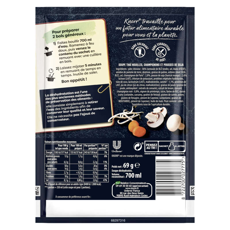 Knorr Soupe Déshydratée Thaï Nouilles Champignons Pousses de Soja 69g Knorr Soupe Déshydratée Thaï Nouilles Champignons Pousses de Soja 69g