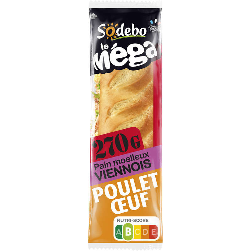 Sodebo Sandwich Méga baguette viennois poulet rôti œuf mayo légère 270g Sodebo Sandwich Méga baguette viennois poulet rôti œuf mayo légère 270g