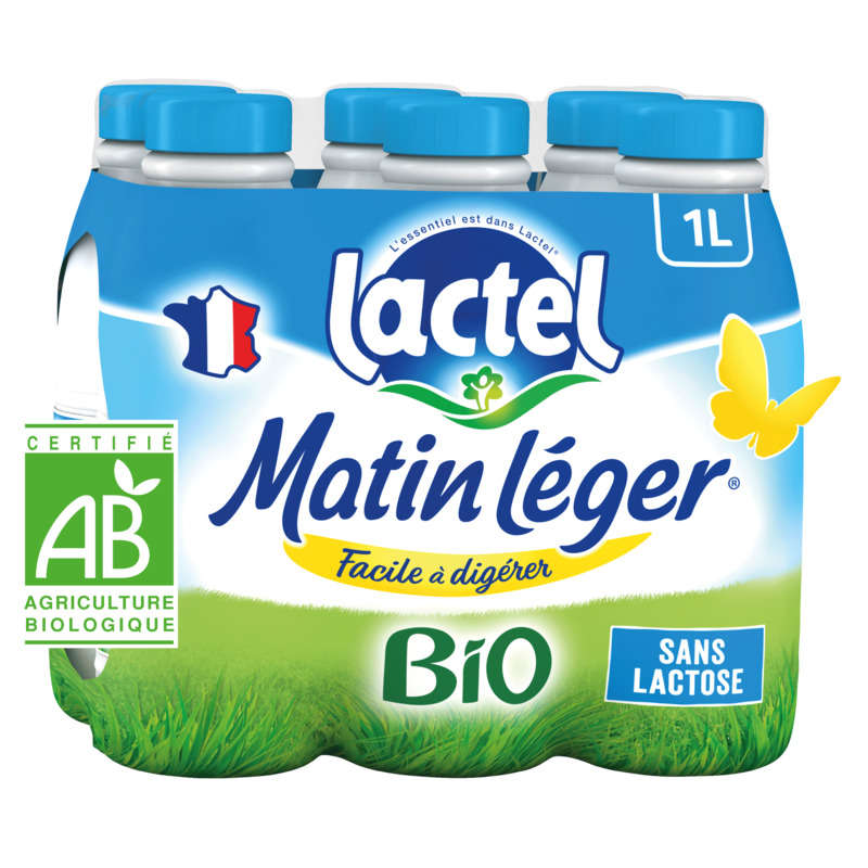 Lactel Matin Léger organic semi-skimmed bottle 6x1 L