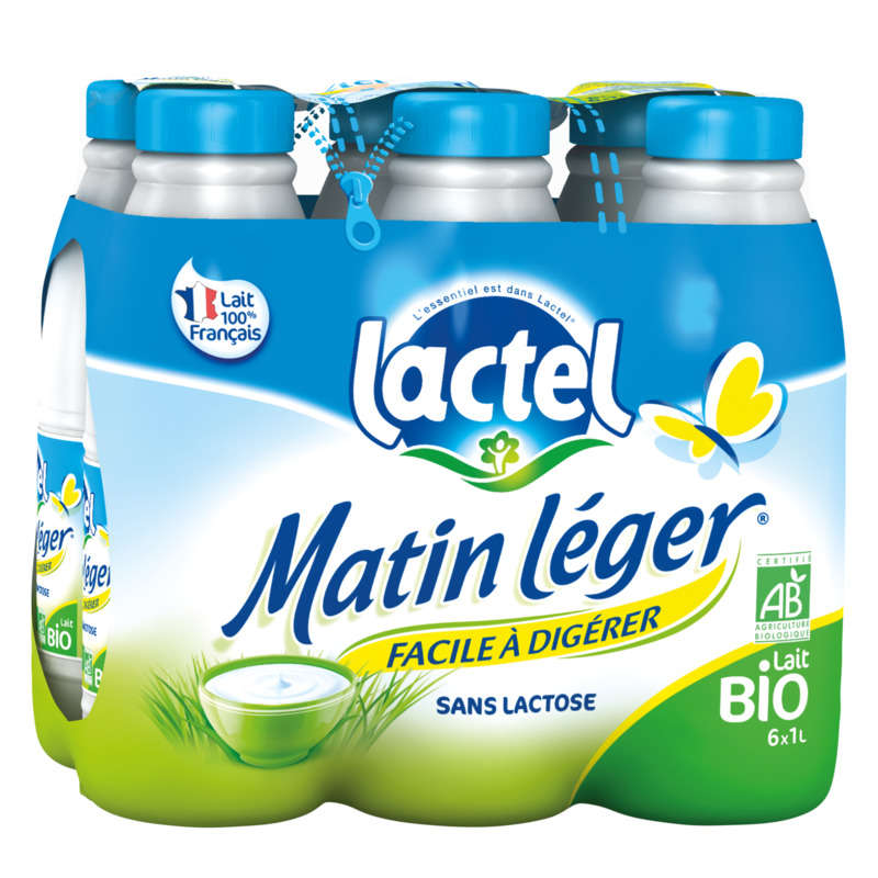 Lactel Matin Léger organic semi-skimmed bottle 6x1 L