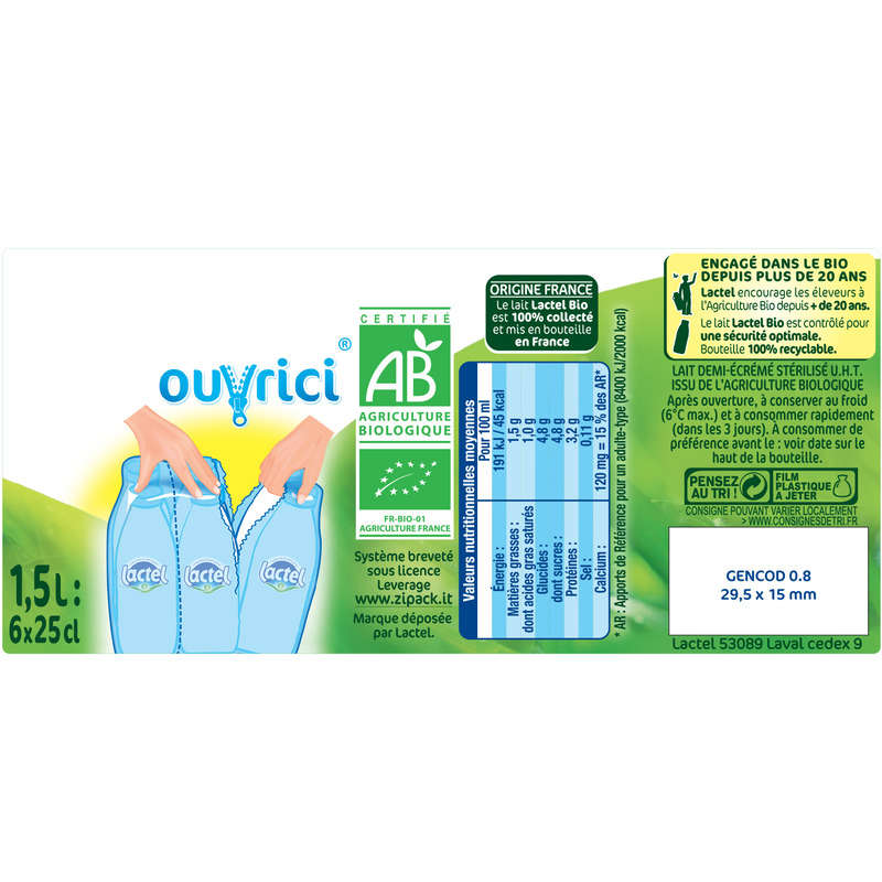Lactel BIO semi-skimmed bottle 6x25cl
