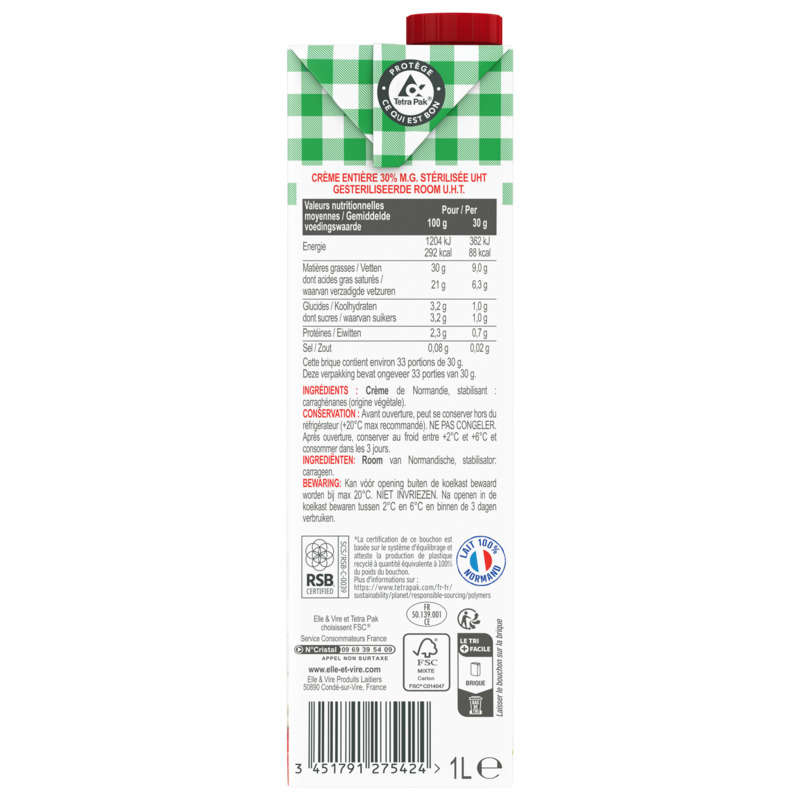 Elle & Vire Normandy Whole Cream Fluid and Creamy 1l