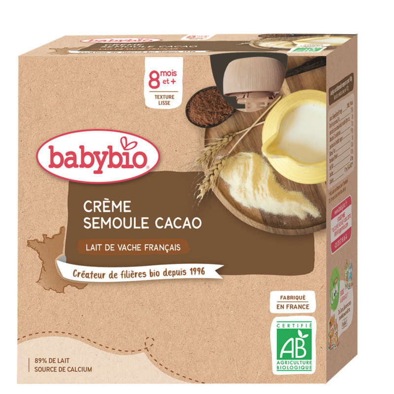 Babybio Crème Semoule Cacao Dès 8 Mois 4x85g Babybio Crème Semoule Cacao Dès 8 Mois 4x85g