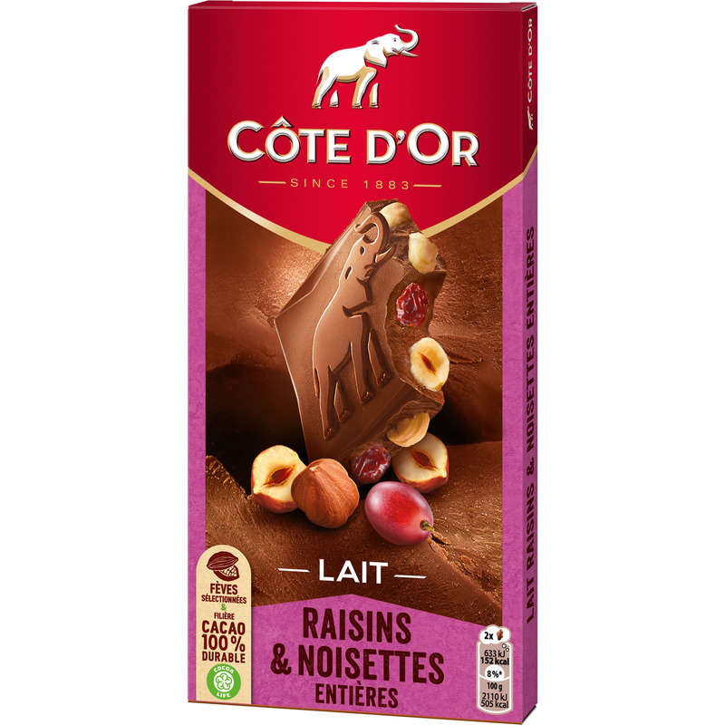 Côte d'Or Milk Chocolate Bar with Raisins and Whole Hazelnuts 180g