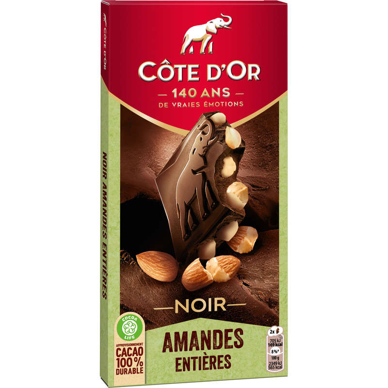 Côte d'Or Tablette Chocolat Noir aux Amandes Entières 180g Côte d'Or Tablette Chocolat Noir aux Amandes Entières 180g