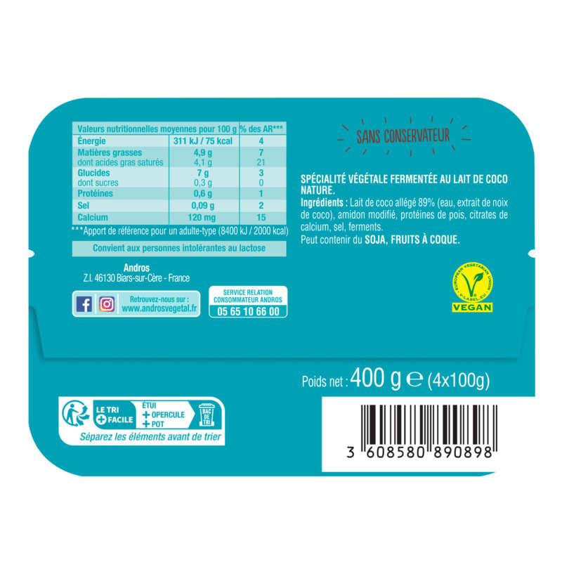 Andros Vegetable Yogurt with Coconut Milk 400G