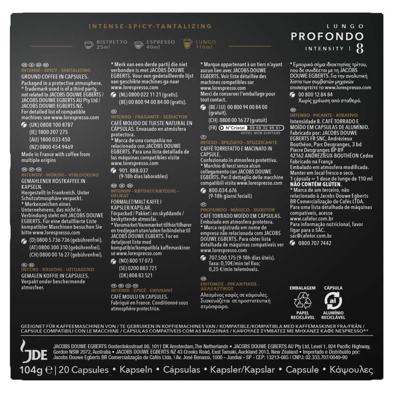 L'Or Espresso Café Lungo Profondo intensité 8 x20 capsules 104g L'Or Espresso Café Lungo Profondo intensité 8 x20 capsules 104g