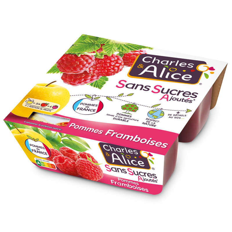 Charles & Alice Dessert pomme framboise sans sucres ajoutés 4x100g Charles & Alice Dessert pomme framboise sans sucres ajoutés 4x100g
