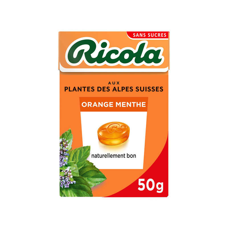 Ricola Bonbons Suisses Aux Plantes, Orange Menthe, Sans Sucres 50G Ricola Bonbons Suisses Aux Plantes, Orange Menthe, Sans Sucres 50G