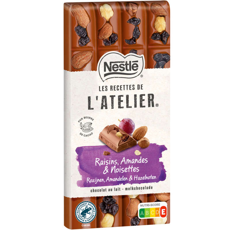 Nestlé Dessert Tablette Chocolat au lait raisins amandes et noisettes 170g Nestlé Dessert Tablette Chocolat au lait raisins amandes et noisettes 170g