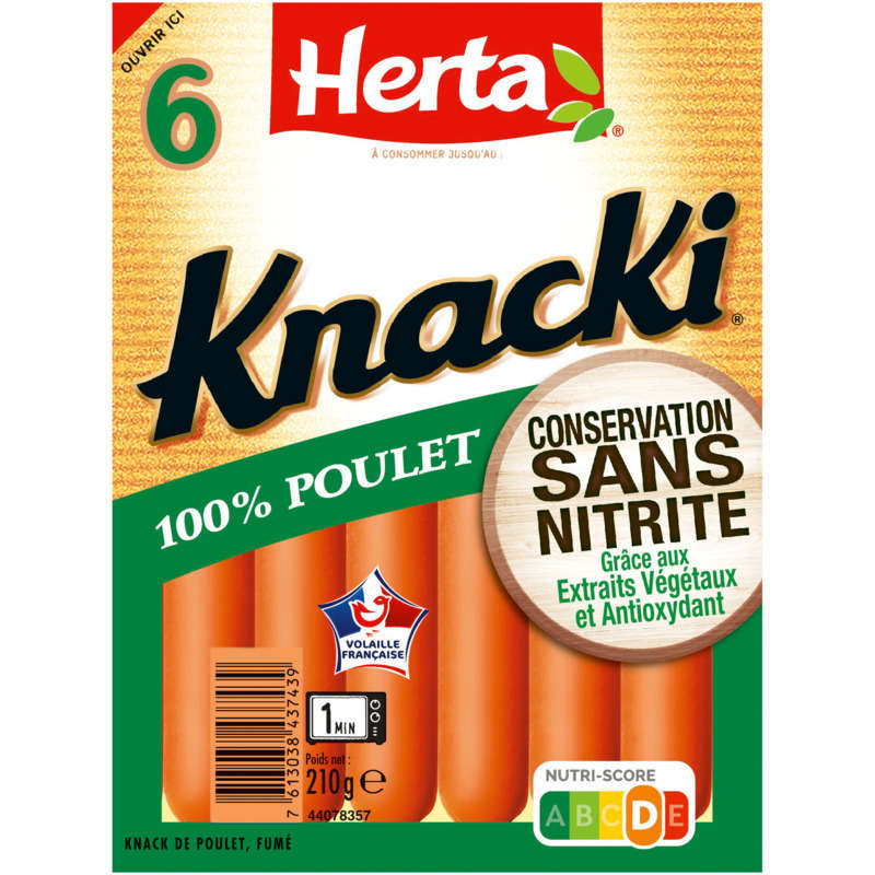 Herta Knacki saucisses 100% poulet conservation sans nitrite x6 Herta Knacki saucisses 100% poulet conservation sans nitrite x6