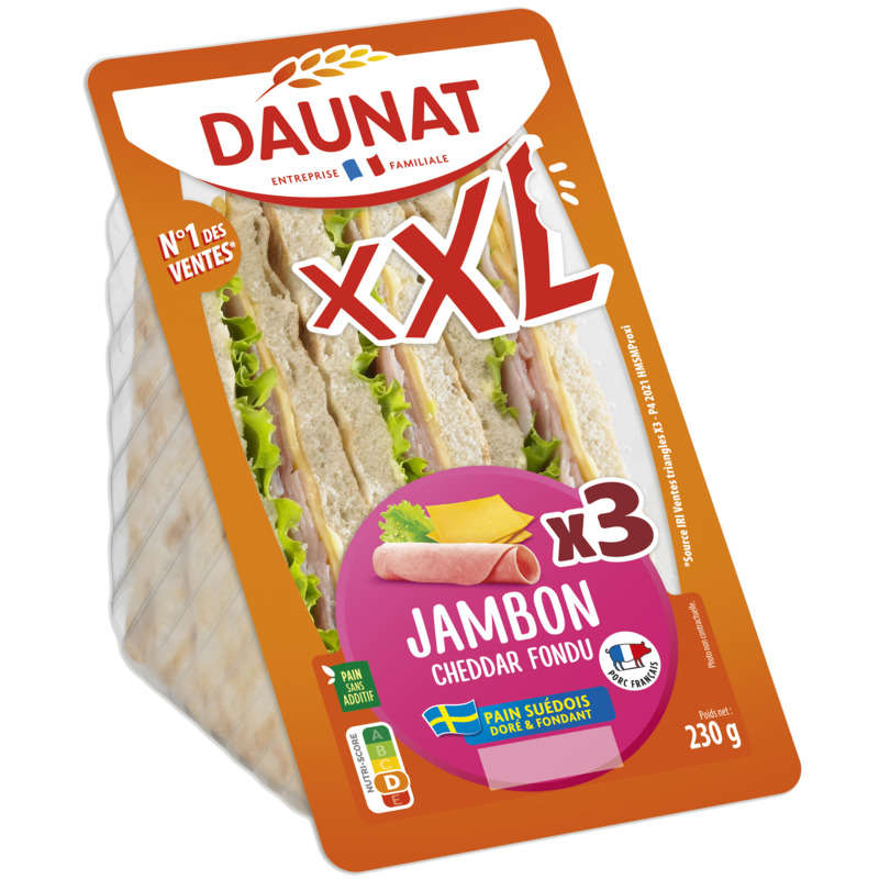 Daunat XXL Sandwich Ham Cheddar Swedish Bread x3 230g