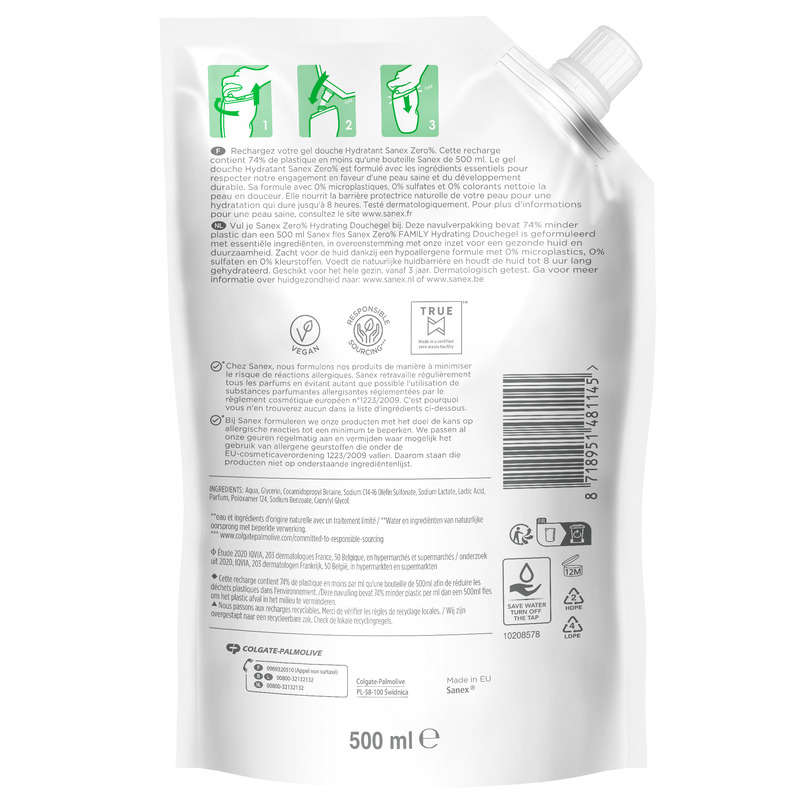 Sanex Zero% Moisturizing Shower Gel Refill All Skin Types 500ml