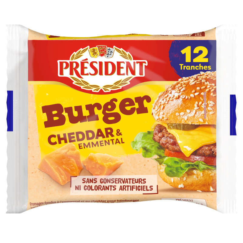 Président Tranches Burger Cheddar et Emmental x12 200g Président Tranches Burger Cheddar et Emmental x12 200g