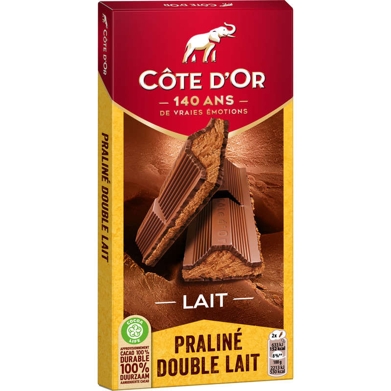 Côte d'Or Tablette Chocolat au Lait fourré Praliné et Double Lait 200g Côte d'Or Tablette Chocolat au Lait fourré Praliné et Double Lait 200g