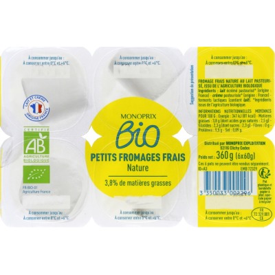 Monoprix Bio Small fresh cheeses 3.8% 6x60g