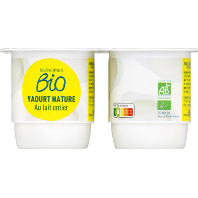 Monoprix Bio Organic whole milk plain yogurt 4X125g