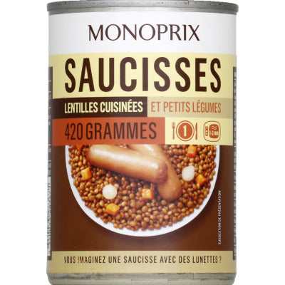 Monoprix P'tit Prix Sausages with cooked lentils and small vegetables 420g