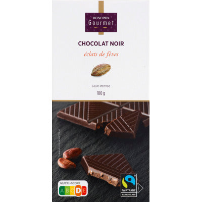 Monoprix Gourmet Dark Chocolate with Bean Pieces, Intense Taste 100G