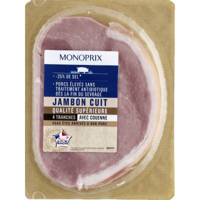 Monoprix Jambon Cuit 2 Tranches Taux De Sel Réduit Avec Couenne