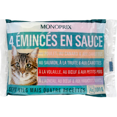 Monoprix Emincés En Sauce À La Viande 4 Recettes Pour Chat 4X100G