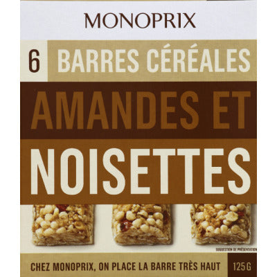 Monoprix Barres céréales amandes et noisettes 125g