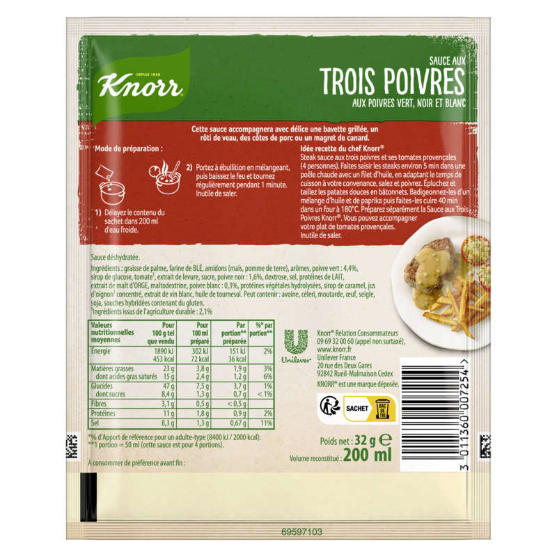 Knorr Sauce Déshydratée Poivres Vert Noir et Blanc 32g