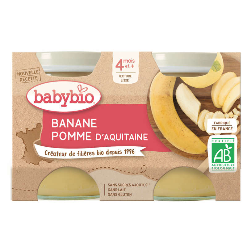 Babybio Petits Pots Banane Pomme d'Aquitaine Dès 4 Mois 2x130g