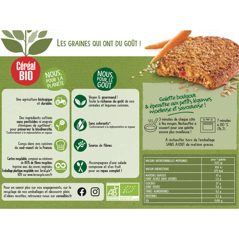 Cereal Bio Spelt and Bulgur Galettes with Vegetables, Meatless Organic 200G