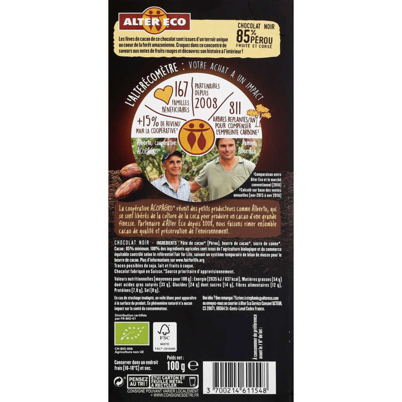 Alter Eco Tablette Chocolat Noir Perou 85% Bio 100G