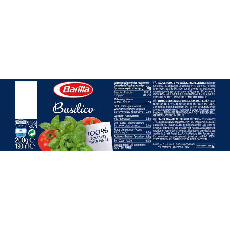 Barilla Sauce Tomates Basilic 200G