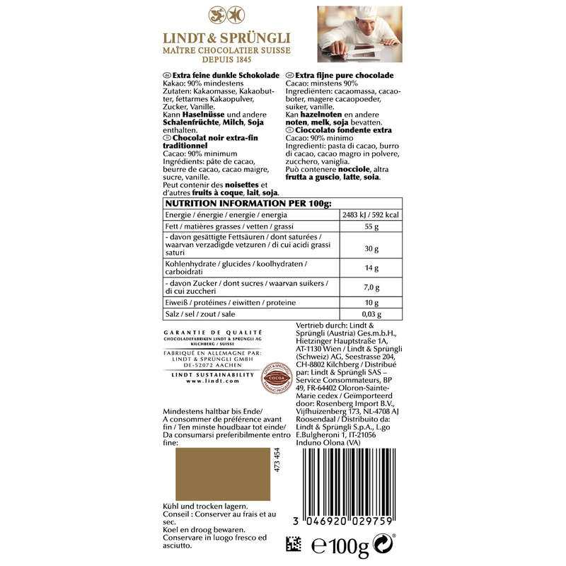 Lindt Excellence Tableau Chocolat Noir 90 % De Cacao 100 G