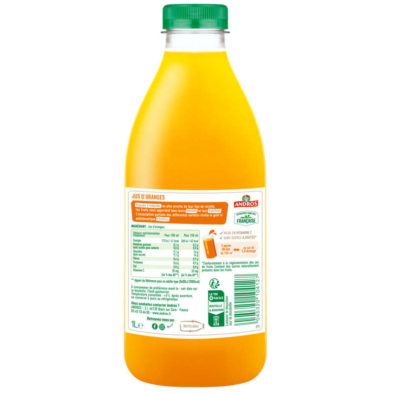 Andros Jus d'oranges pressées 100% pur jus 1L