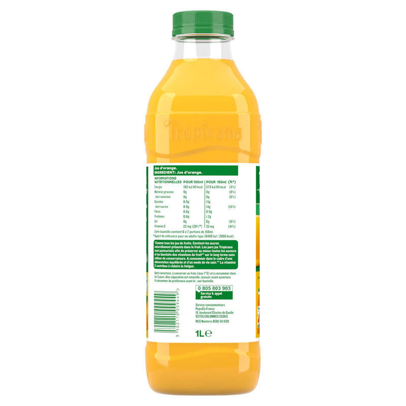 Tropicana Pur Jus D'Orange Sans Pulpe La Bouteille De 1L